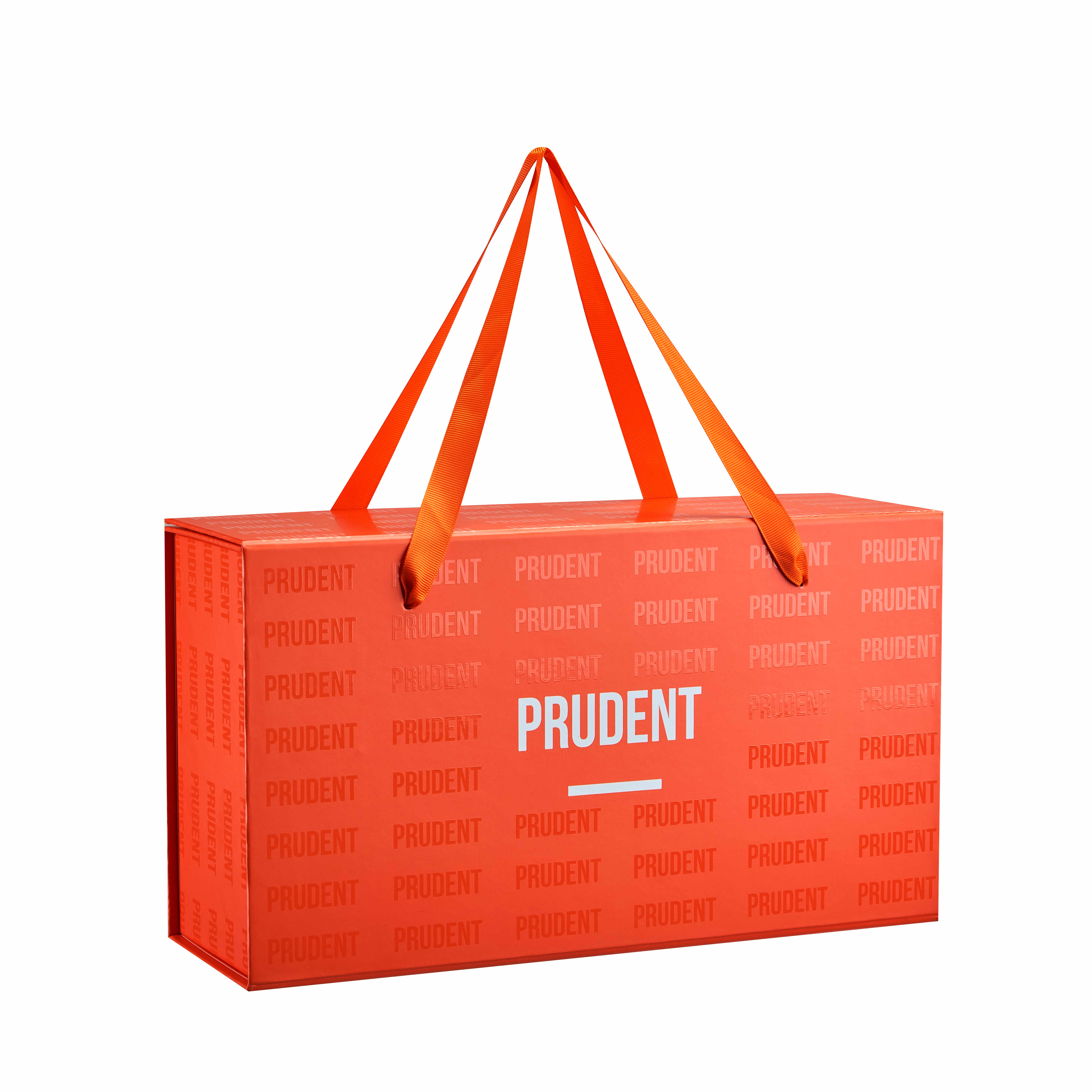 Custom Orange Foldable Magnetic Gift Box with Ribbon Handle