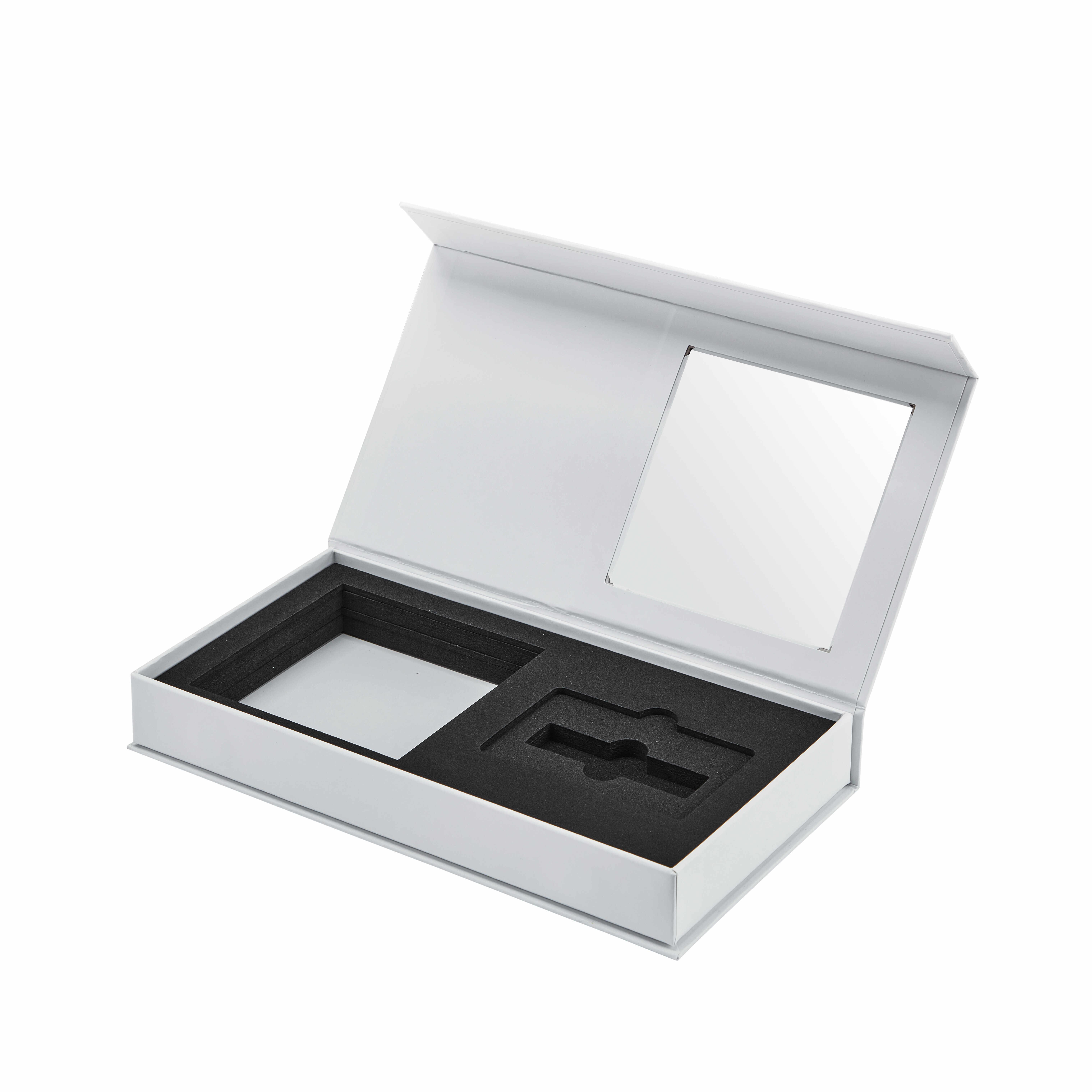 White Custom Magnetic Book Shaped Box Luxury Packaging for Card with Window and Eva Insert