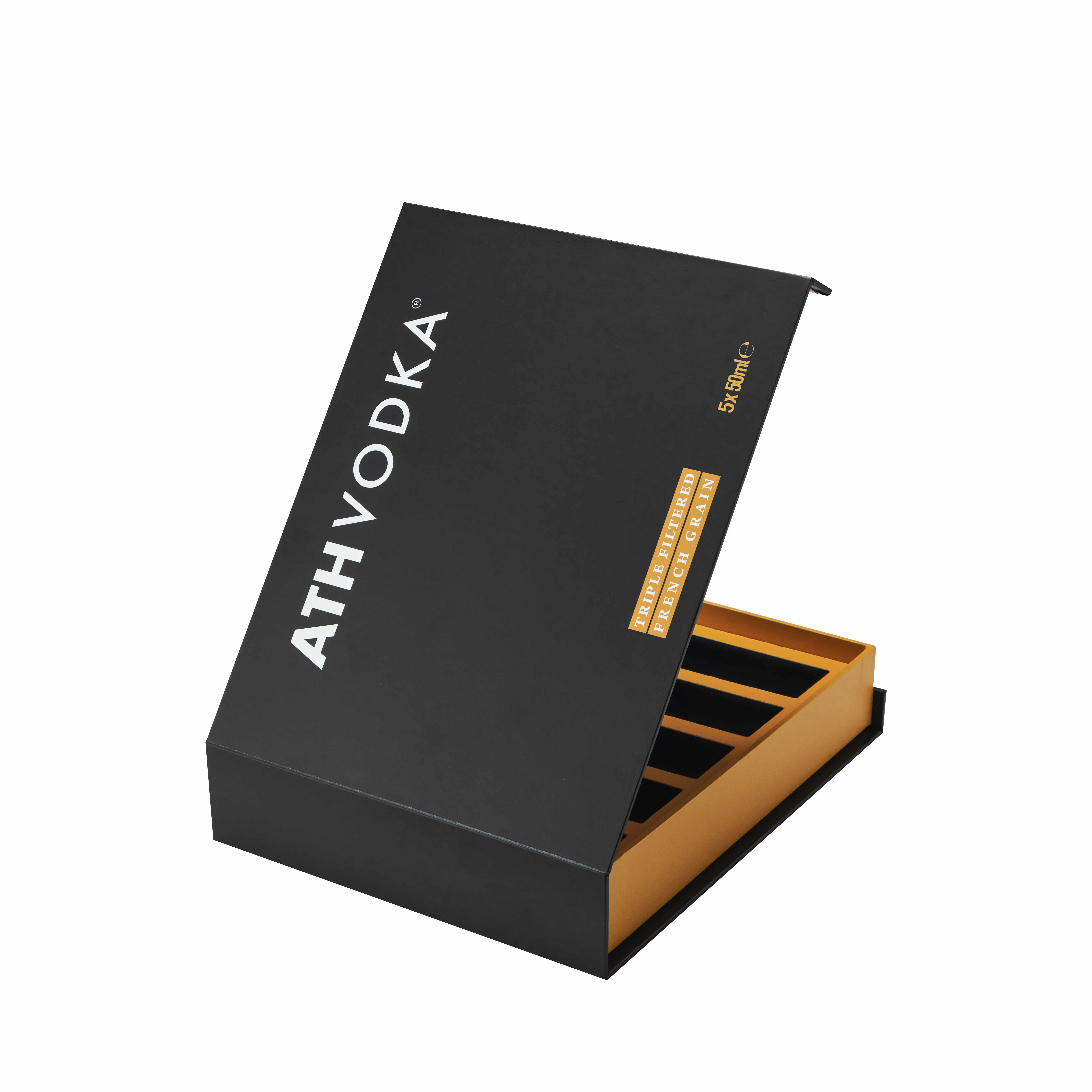 Custom Magnetic Book-Style Box with Gold Card Paper Interior for Small Bottles Packaging